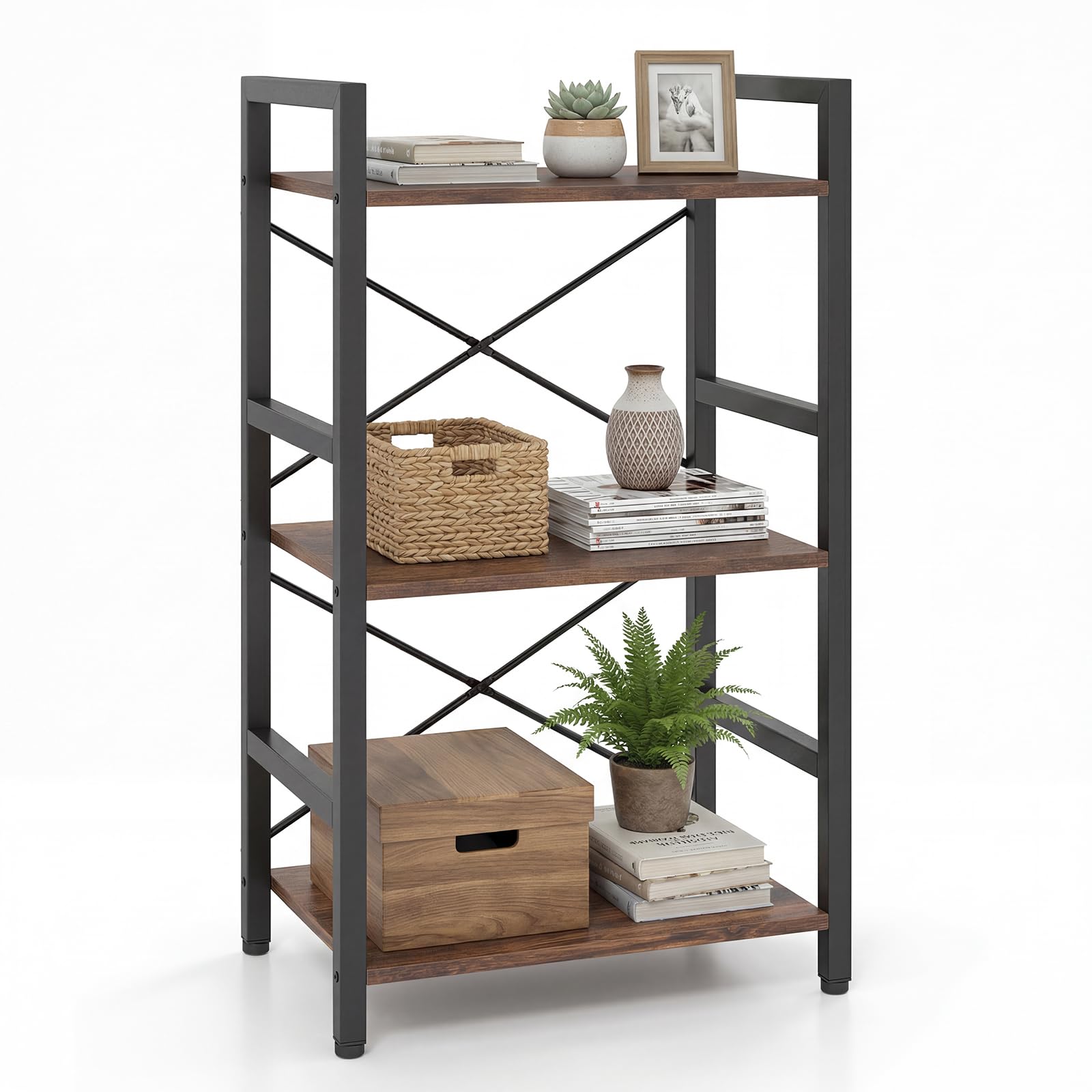 Tangkula 16.5" Width Wooden Open Bookcase with Metal Frame